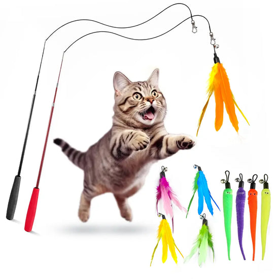 Interactive Cat Toys - Retractable Wand Toy and Feather Toys Refills for Indoor Cats to Chase and Exercise