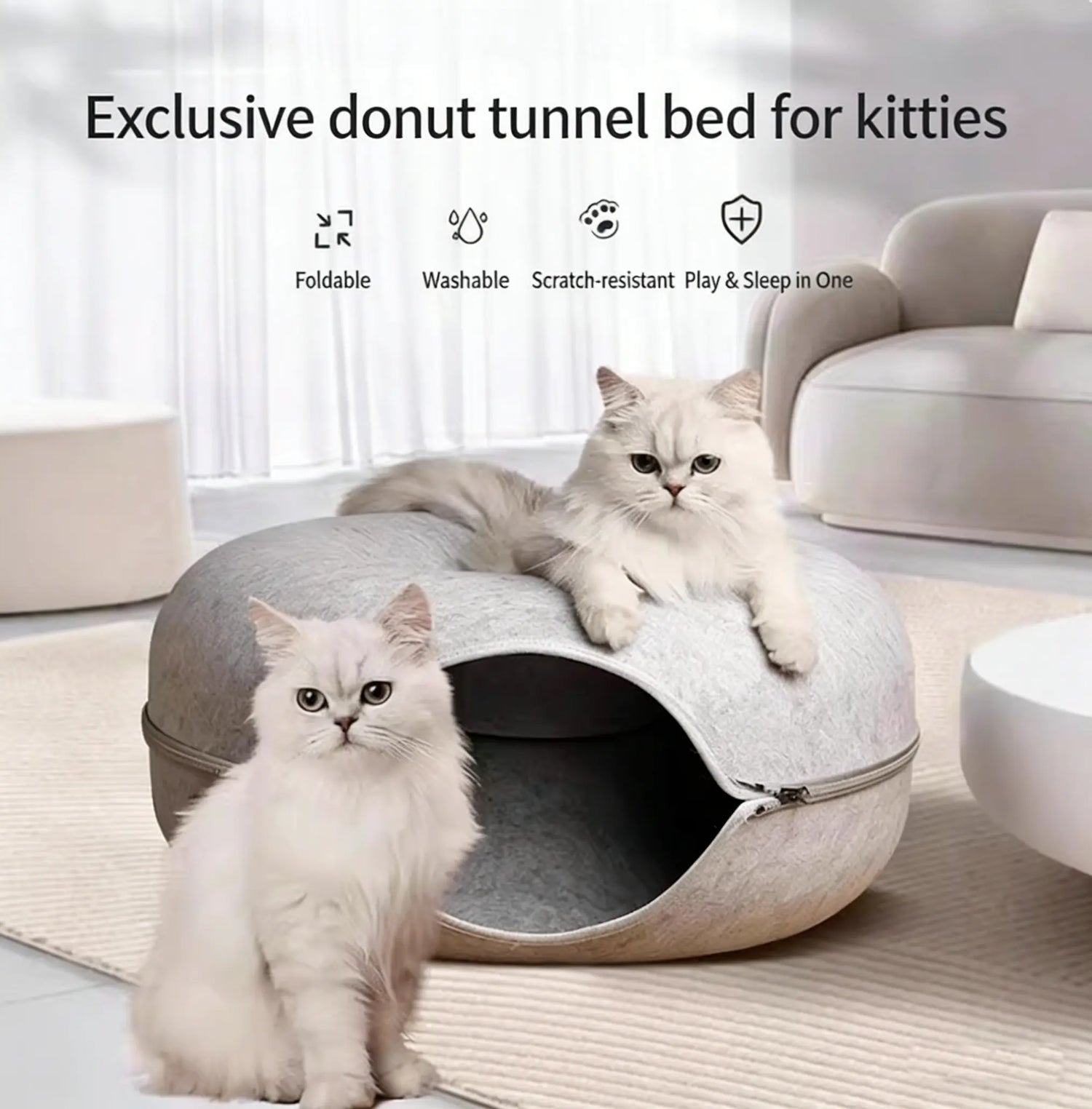 Donut-Tire-Tunnel Cat Shaped Beds - Comfortable, Soft Pet Bed for Cats&