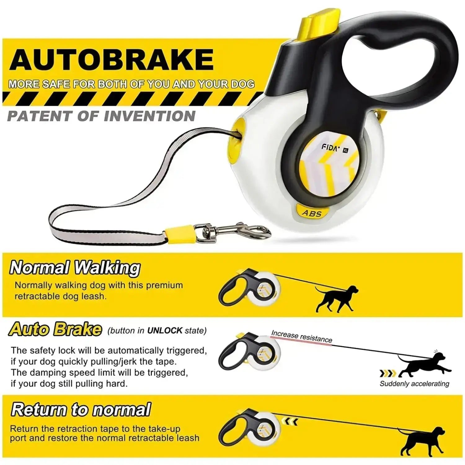Fida Dog Leash, Autobrake Retractable Patented Design for Dog Pulling, 16 Ft Heavy Duty No Pull Pet Walking Leash for Large Medium Dogs. Tangle Free, One‑Hand Control