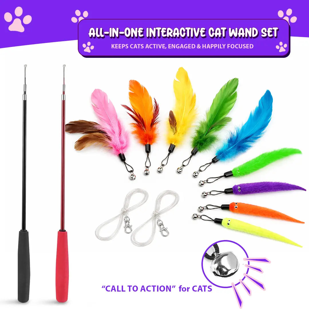 Interactive Cat Toys - Retractable Wand Toy and Feather Toys Refills for Indoor Cats to Chase and Exercise