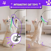 Interactive Cat Toys - Retractable Wand Toy and Feather Toys Refills for Indoor Cats to Chase and Exercise