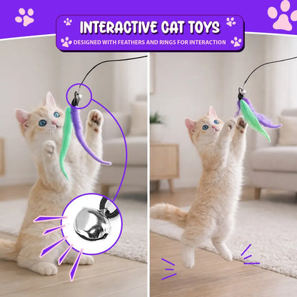 Interactive Cat Toys - Retractable Wand Toy and Feather Toys Refills for Indoor Cats to Chase and Exercise