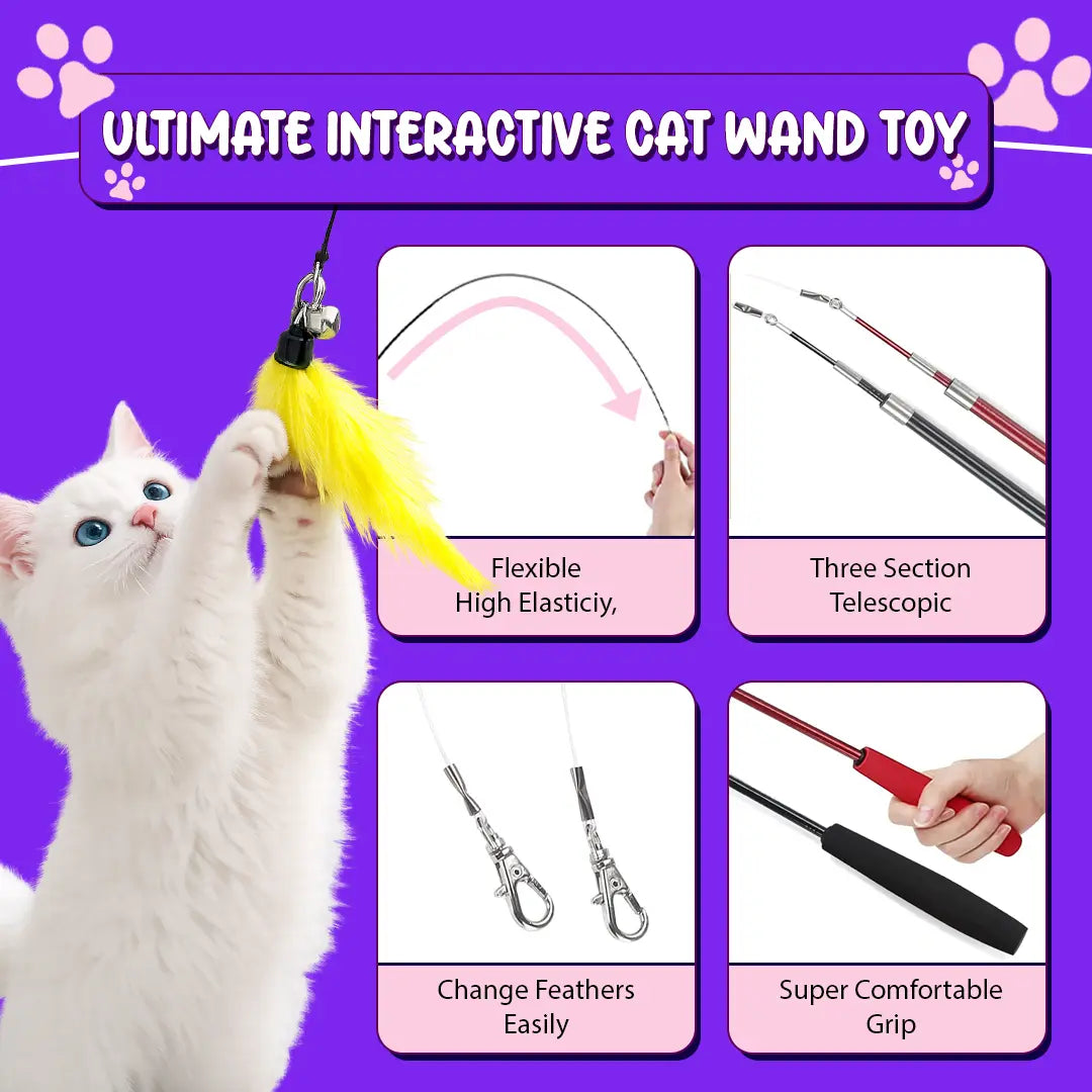 Interactive Cat Toys - Retractable Wand Toy and Feather Toys Refills for Indoor Cats to Chase and Exercise