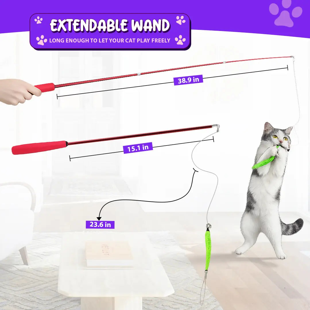 Interactive Cat Toys - Retractable Wand Toy and Feather Toys Refills for Indoor Cats to Chase and Exercise
