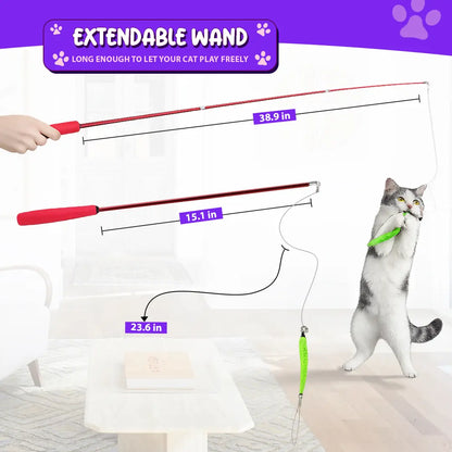 Interactive Cat Toys - Retractable Wand Toy and Feather Toys Refills for Indoor Cats to Chase and Exercise